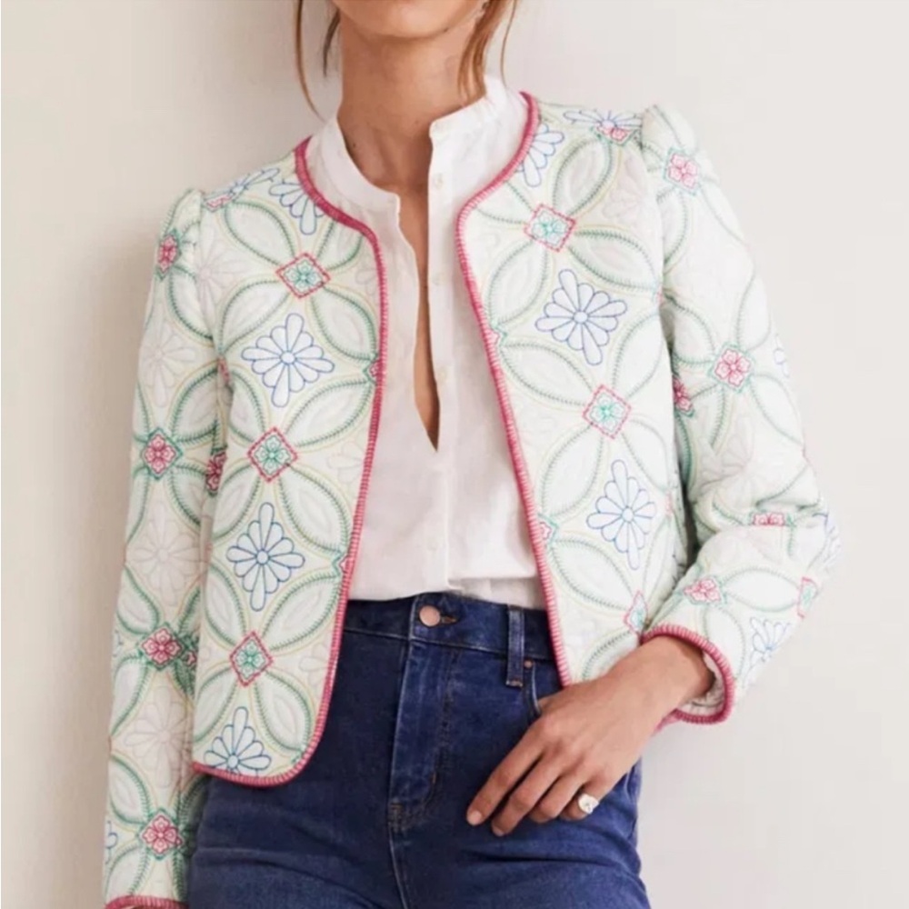 Boden White and Pink Embroidered Blazer